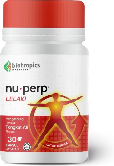 Nuprep Lelaki-র বোতল: ৩০টি উদ্ভিজ্জ ক্যাপসুল, লেবেলে nu·perp LELAKI — পুরুষদের জন্য টংকাট আলীর ভেষজ ক্যাপসুল