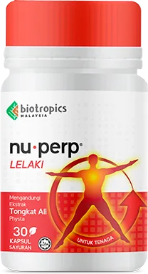 Nuprep Lelaki বোতলের লেবেল কাছ থেকে: nu·perp LELAKI, Ekstrak Tongkat Ali Physta, 30 KAPSUL SAYURAN